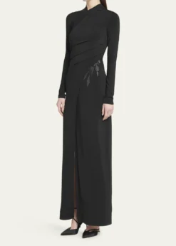 Giorgio ArmaniJersey Column Gown with Beaded Floral Hip Detail
