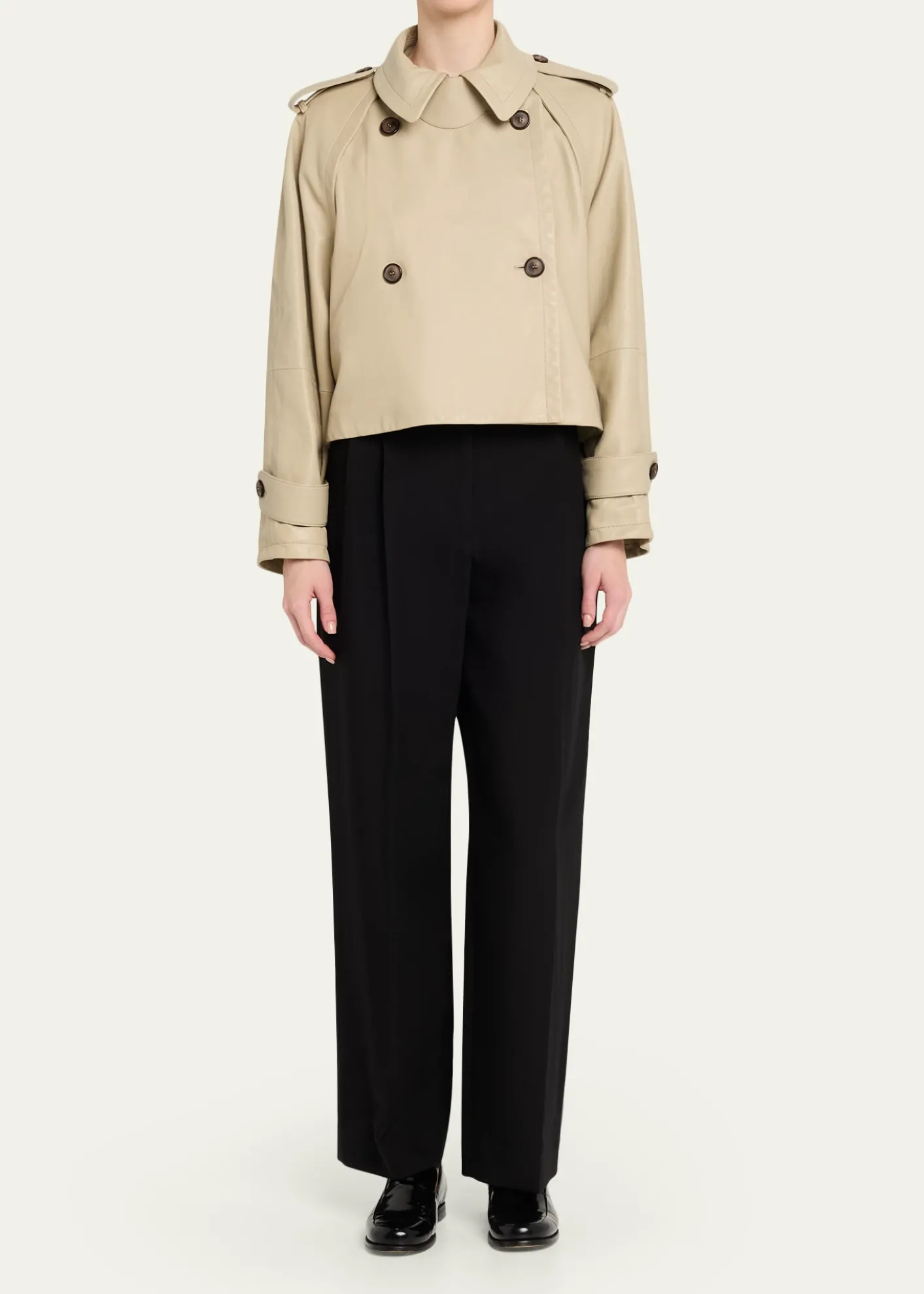 Giorgio ArmaniLeather Double-Breasted Boxy Trench Jacket