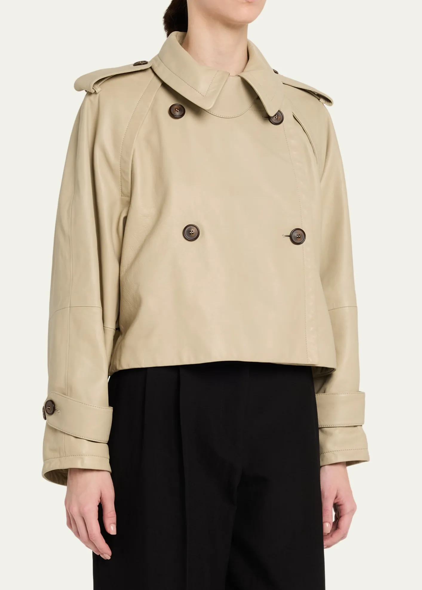 Giorgio ArmaniLeather Double-Breasted Boxy Trench Jacket