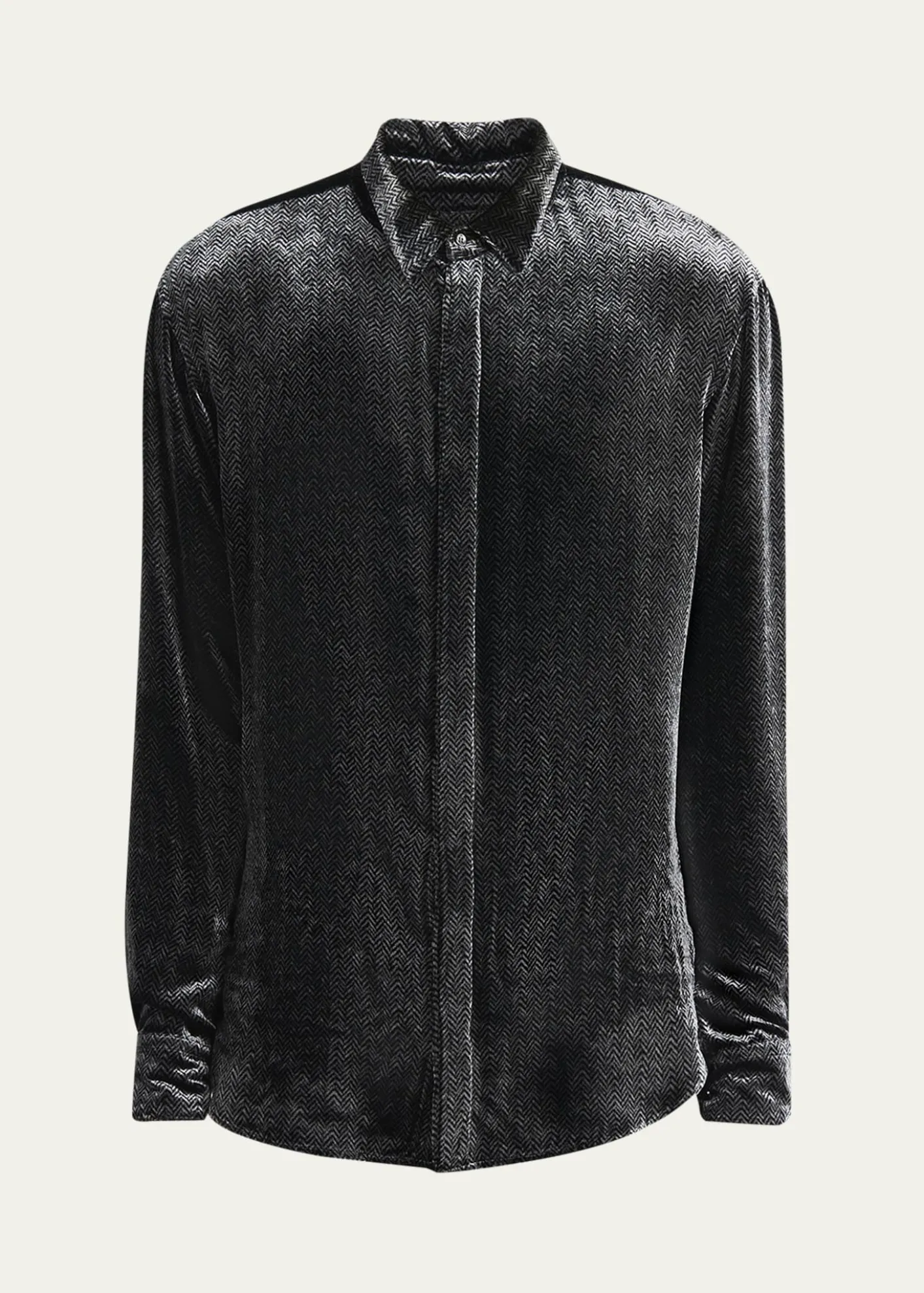 Giorgio ArmaniMen's Herringbone Velvet Concealed-Placket Tuxedo Shirt