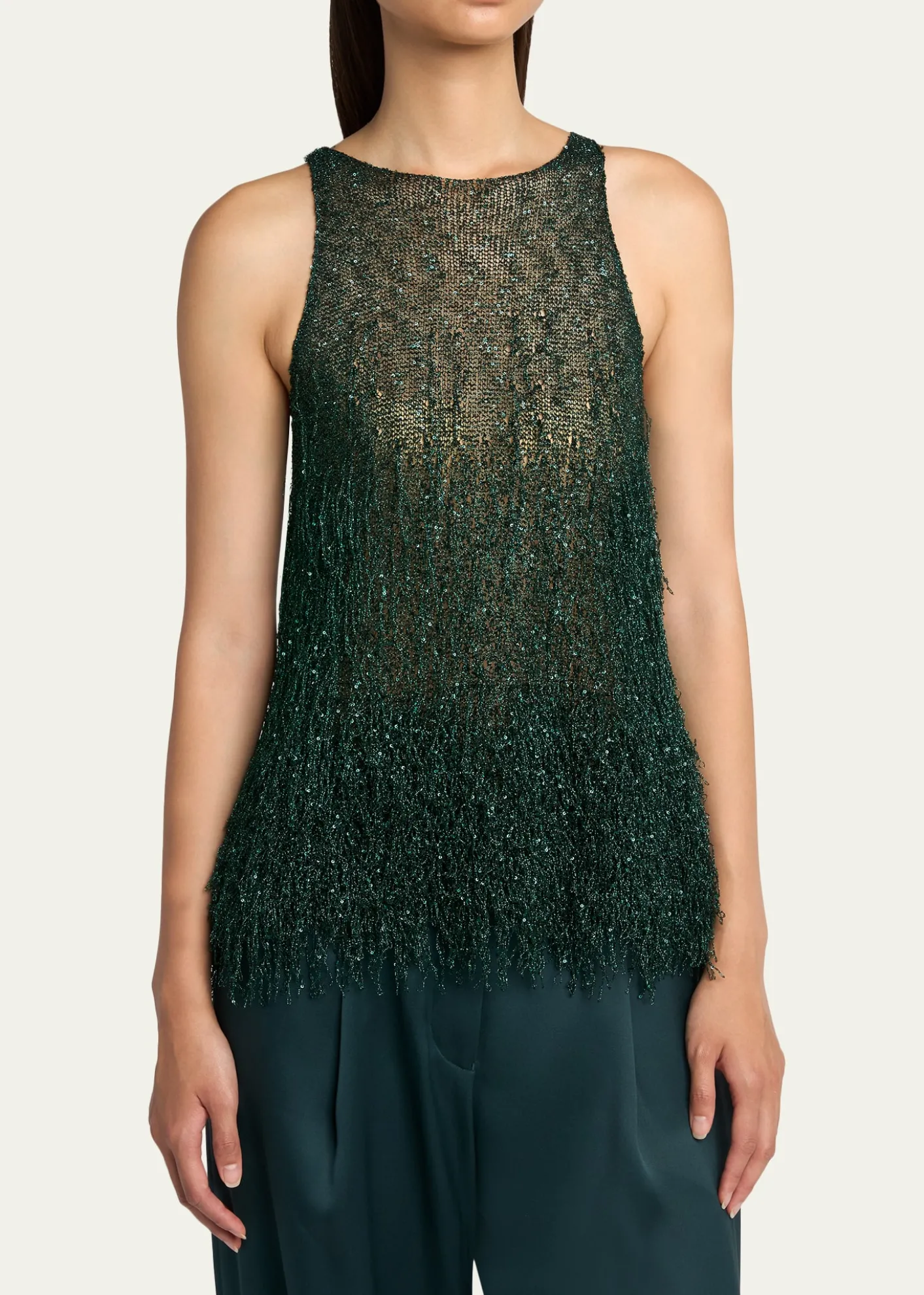 Giorgio ArmaniMetallic Fringe Knit Sleeveless Blouse