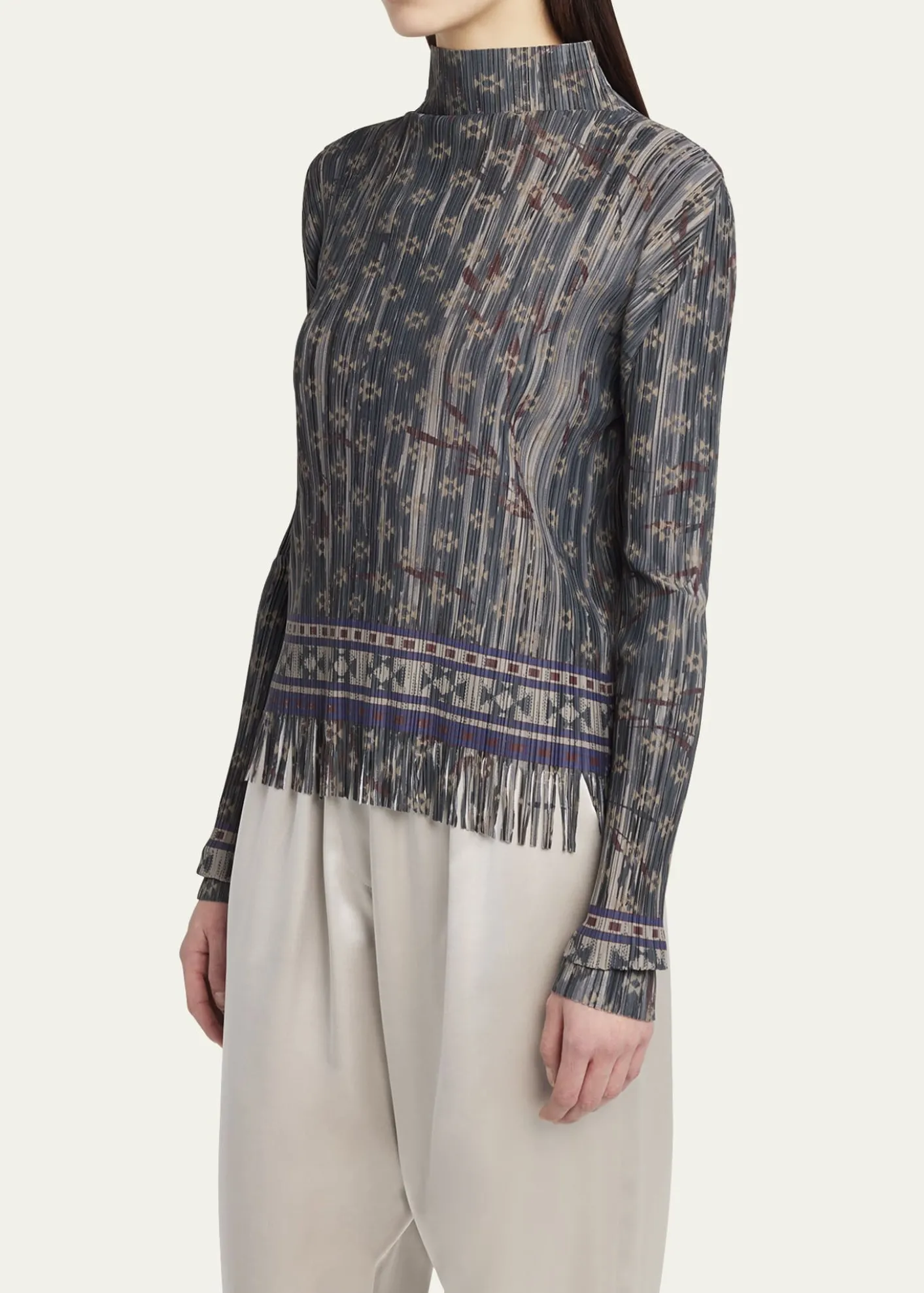 Giorgio ArmaniMock-Neck Geo Jersey Plisse Fringe Top