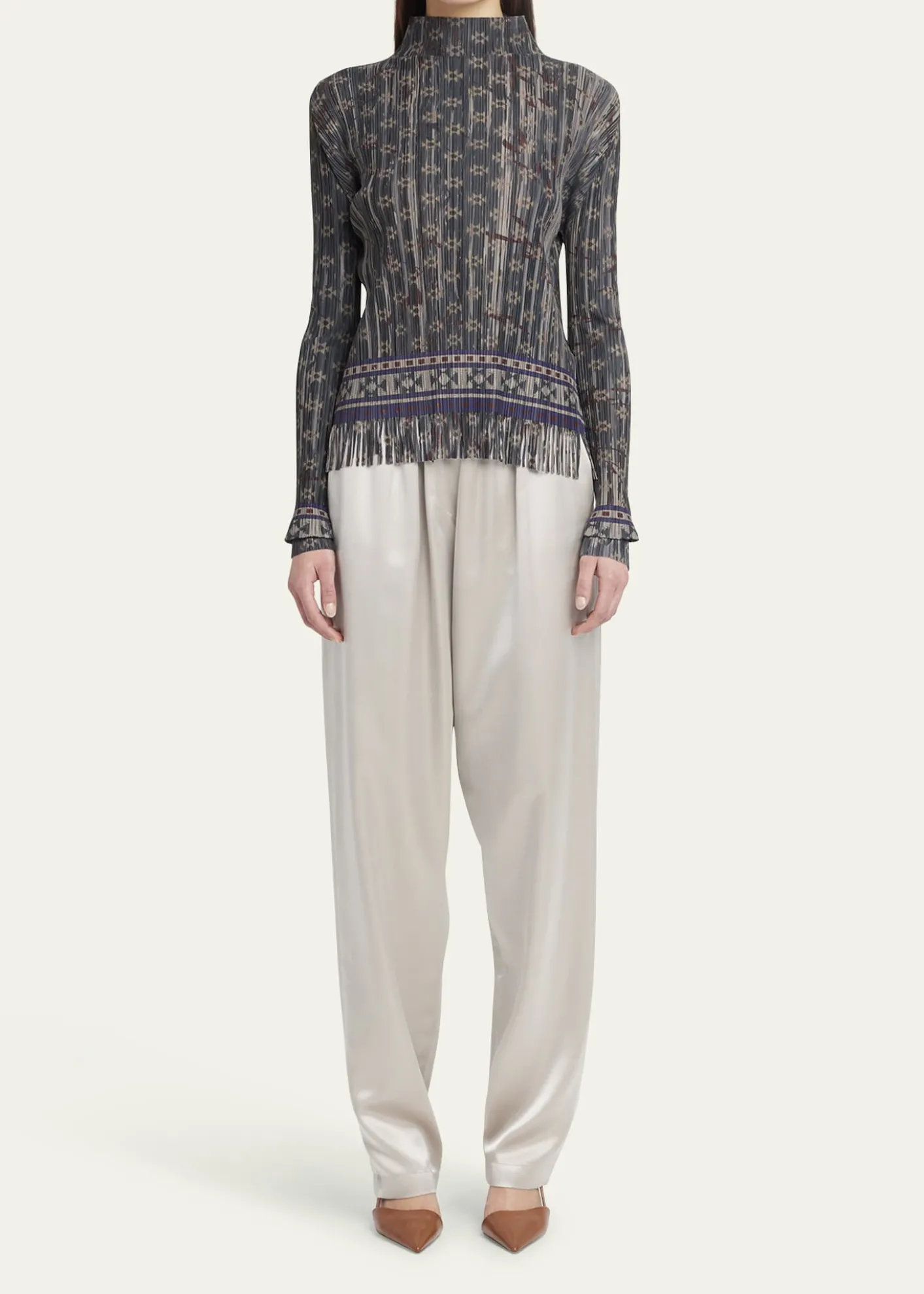 Giorgio ArmaniMock-Neck Geo Jersey Plisse Fringe Top