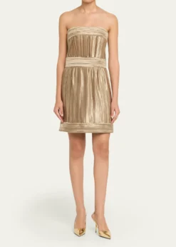 Giorgio ArmaniStrapless Metallic Pleated Bustier Mini Dress