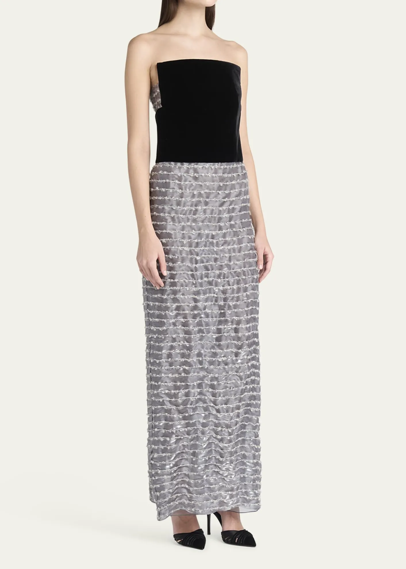 Giorgio ArmaniStrapless Velvet Bustier Iridescent Textured Silk Gown