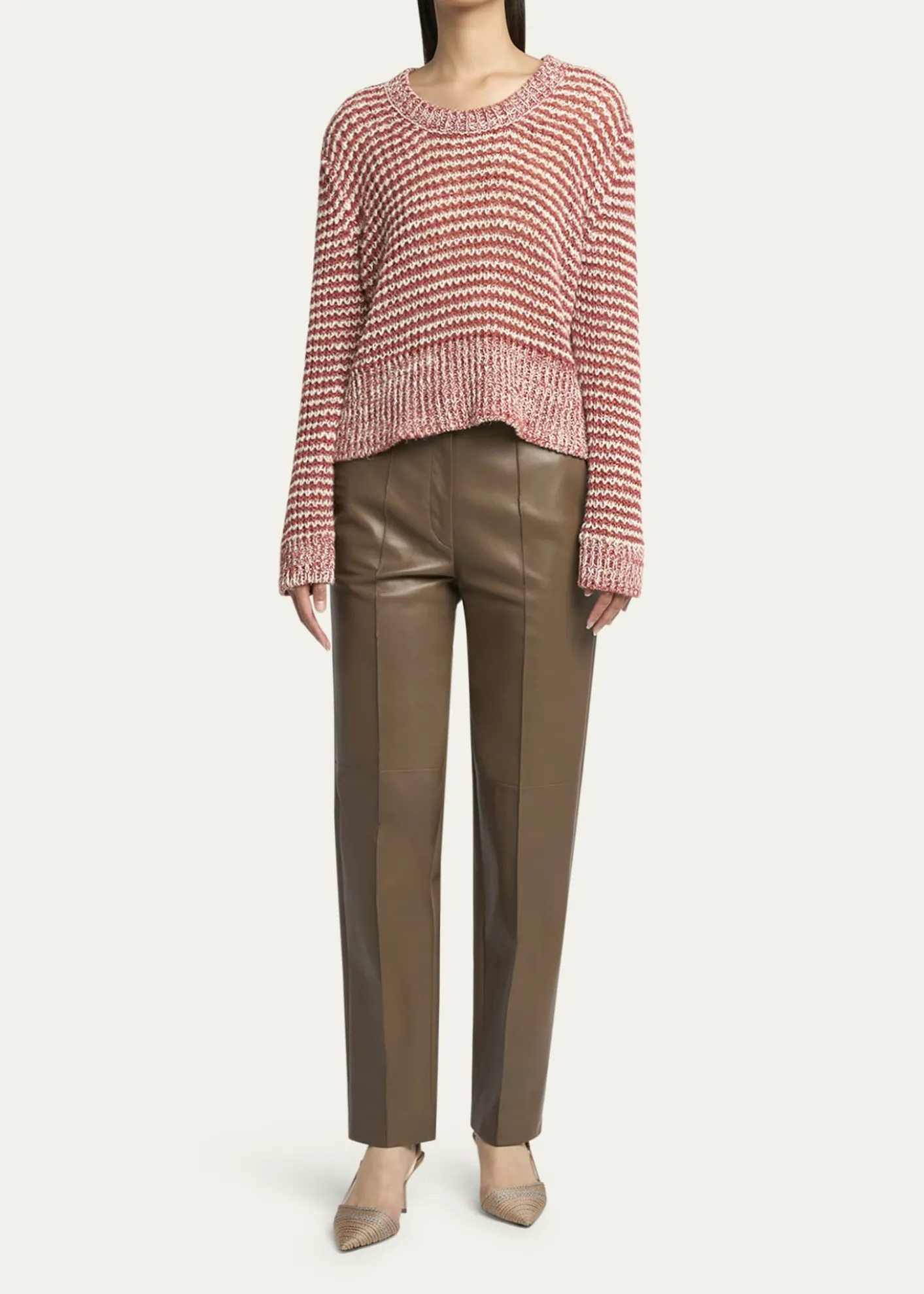 Giorgio ArmaniStriped Linen Open-Knit Crewneck Sweater