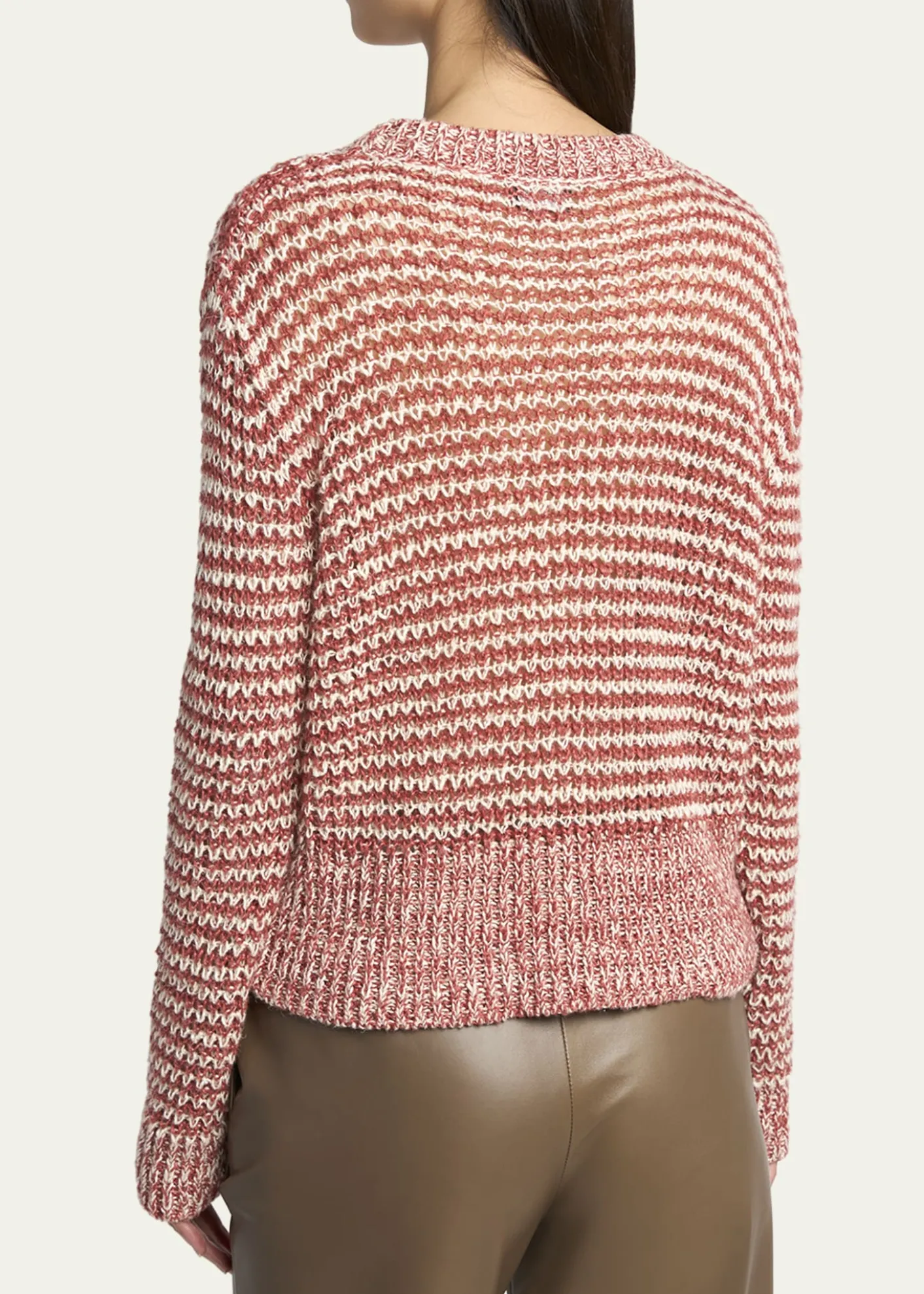Giorgio ArmaniStriped Linen Open-Knit Crewneck Sweater