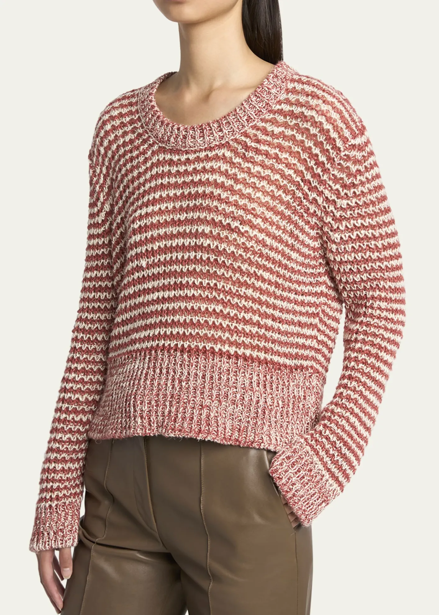Giorgio ArmaniStriped Linen Open-Knit Crewneck Sweater