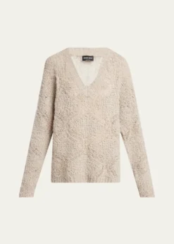 Giorgio ArmaniV-Neck Wool Cashmere Open-Knit Sweater