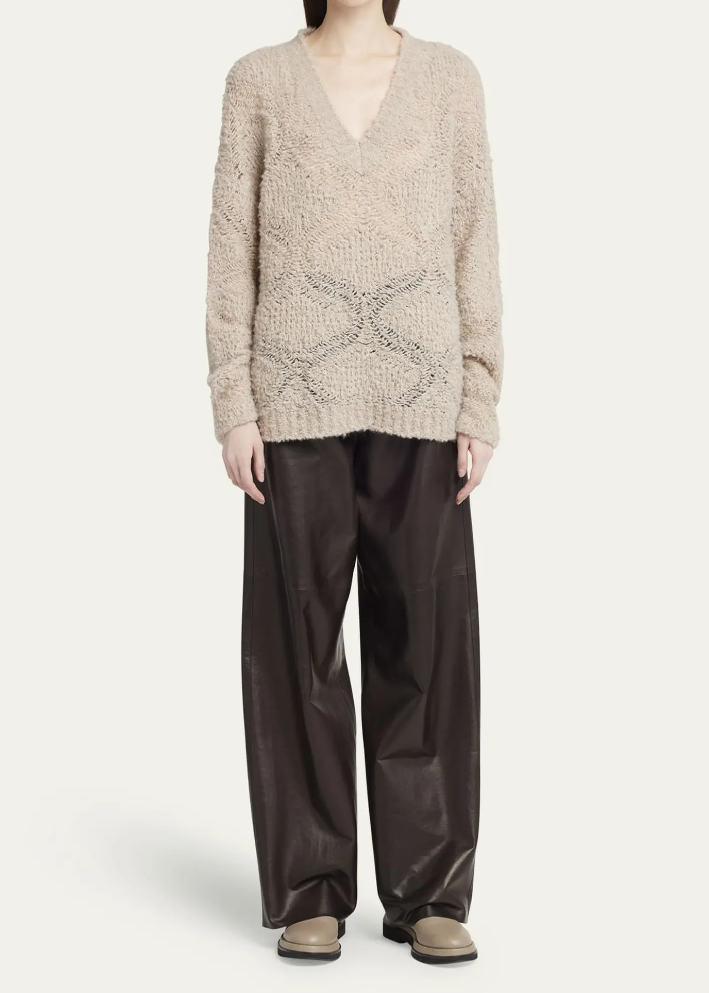 Giorgio ArmaniV-Neck Wool Cashmere Open-Knit Sweater