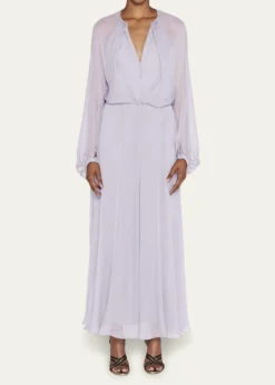Giorgio ArmaniZip-Front Long-Sleeve Silk Chiffon Layered Gown