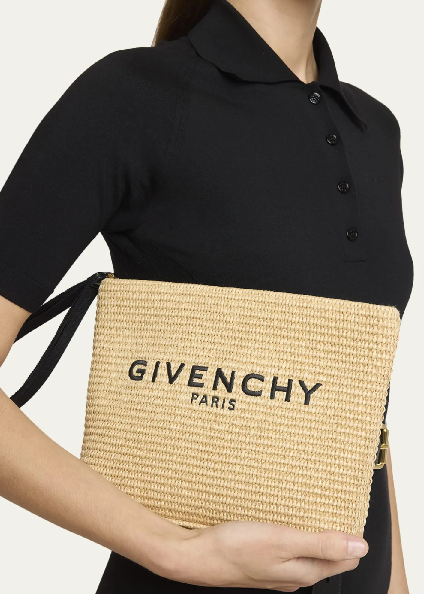GivenchyLogo-Embroidered Pouch Bag in Faux Raffia