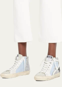 Golden GooseSlide Mid-Top Glitter Leather Sneakers