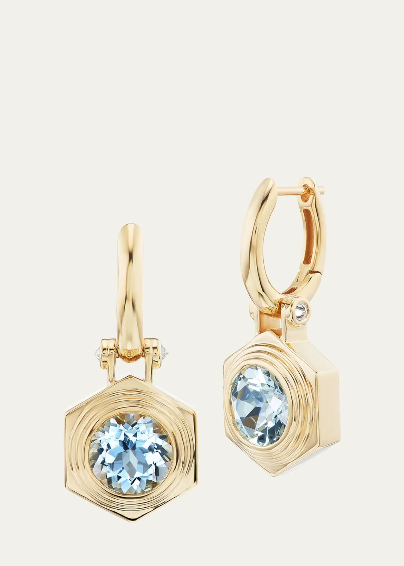 Harwell Godfrey18K Yellow Gold Hexed Drop Huggie Earrings with Diamonds and Aquamarine