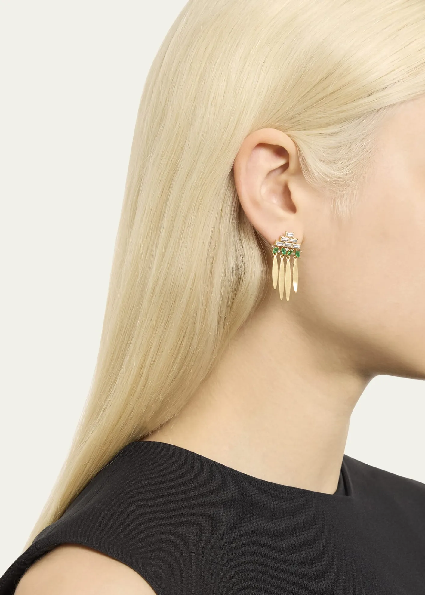 ILEANA MAKRI18K Yellow Gold Grass Spike Earrings with Diamonds and Emeralds