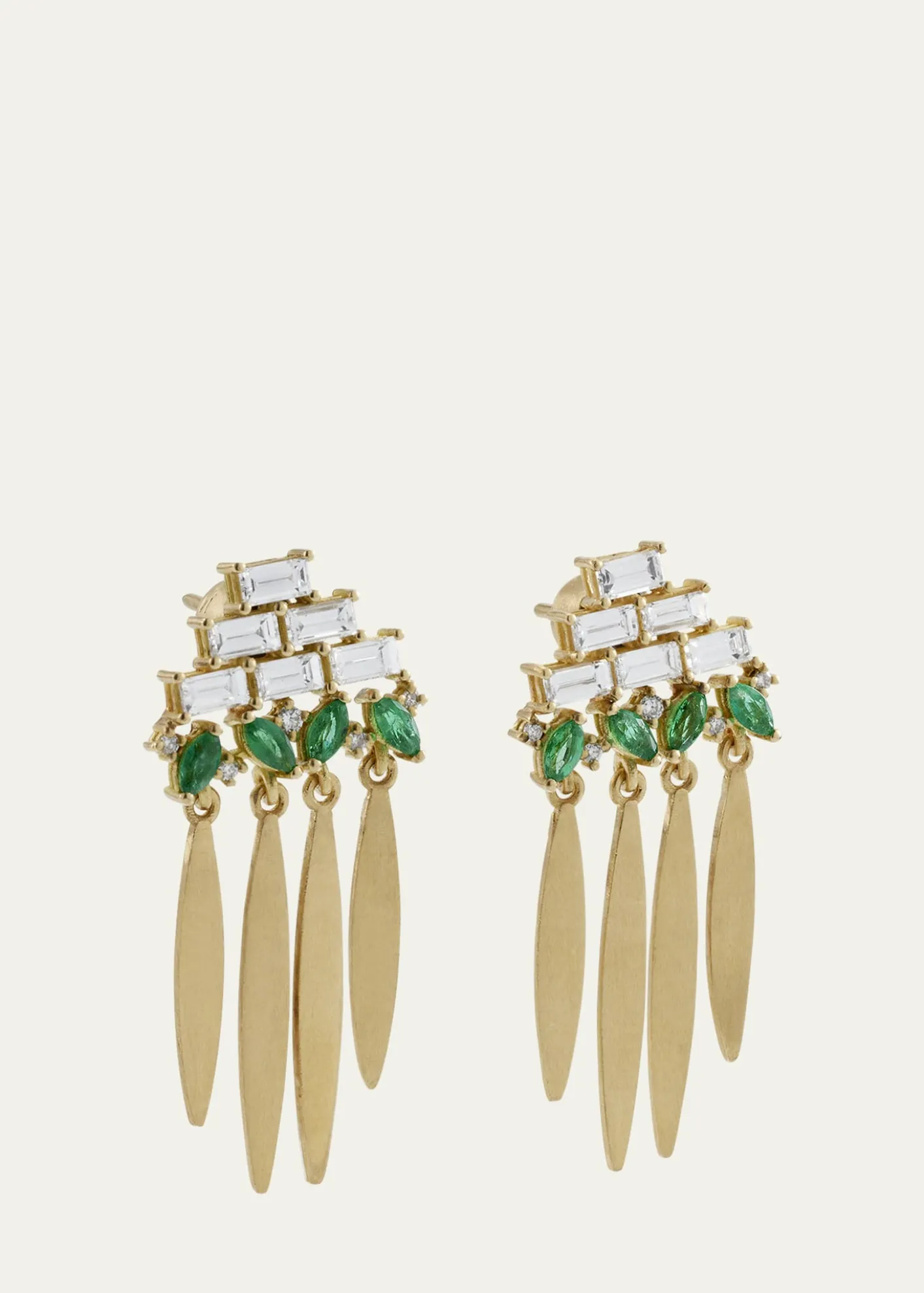 ILEANA MAKRI18K Yellow Gold Grass Spike Earrings with Diamonds and Emeralds