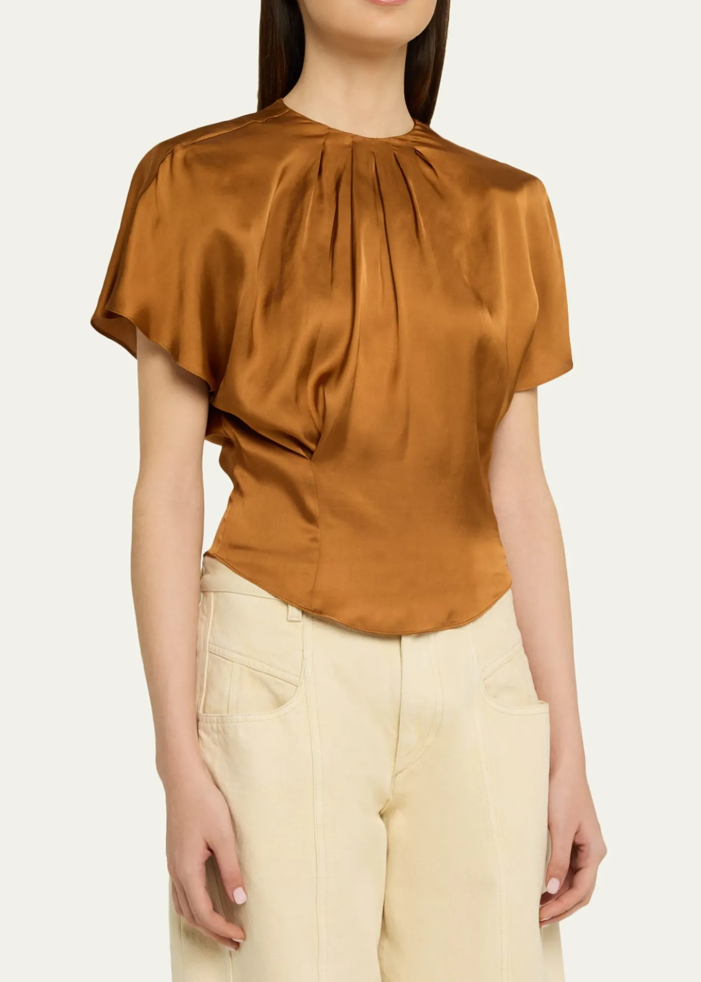 Isabel MarantSakine Pleated Short-Sleeve Satin Top
