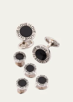 Jan LeslieMen's Black Onyx Love Sterling Silver Cufflink and Stud Set
