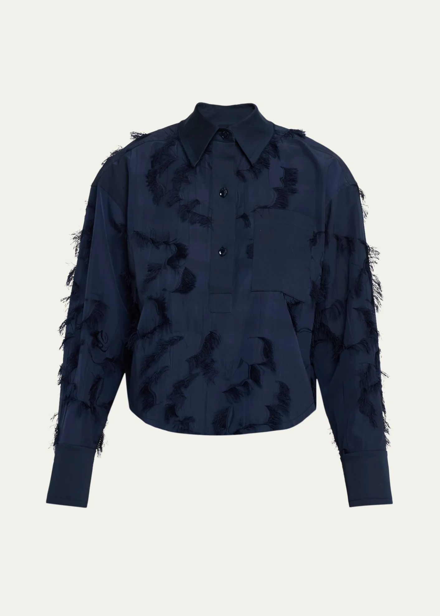 Jason Wu CollectionLong Sleeve Fringe Fil Coupe Collared Shirt