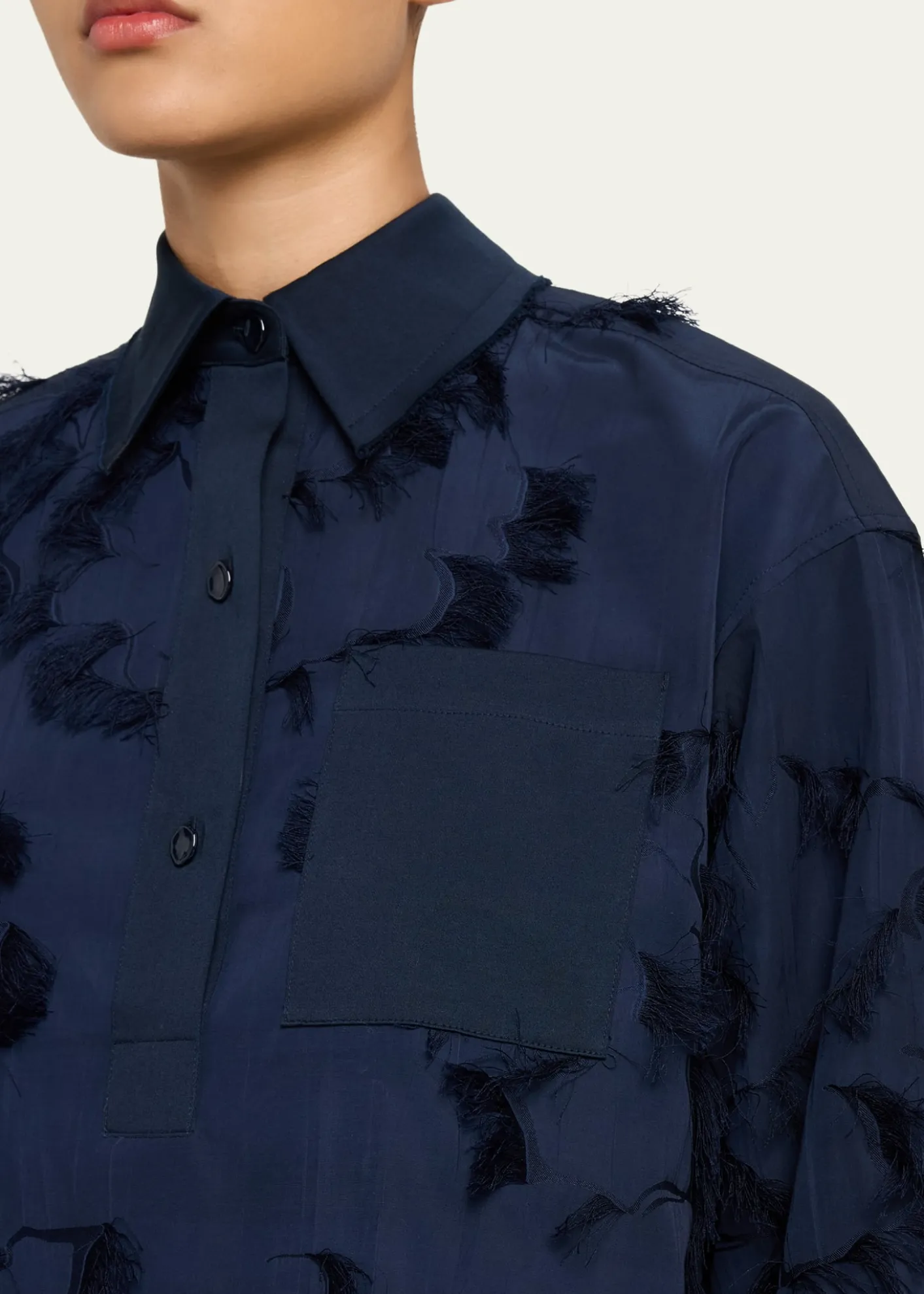 Jason Wu CollectionLong Sleeve Fringe Fil Coupe Collared Shirt