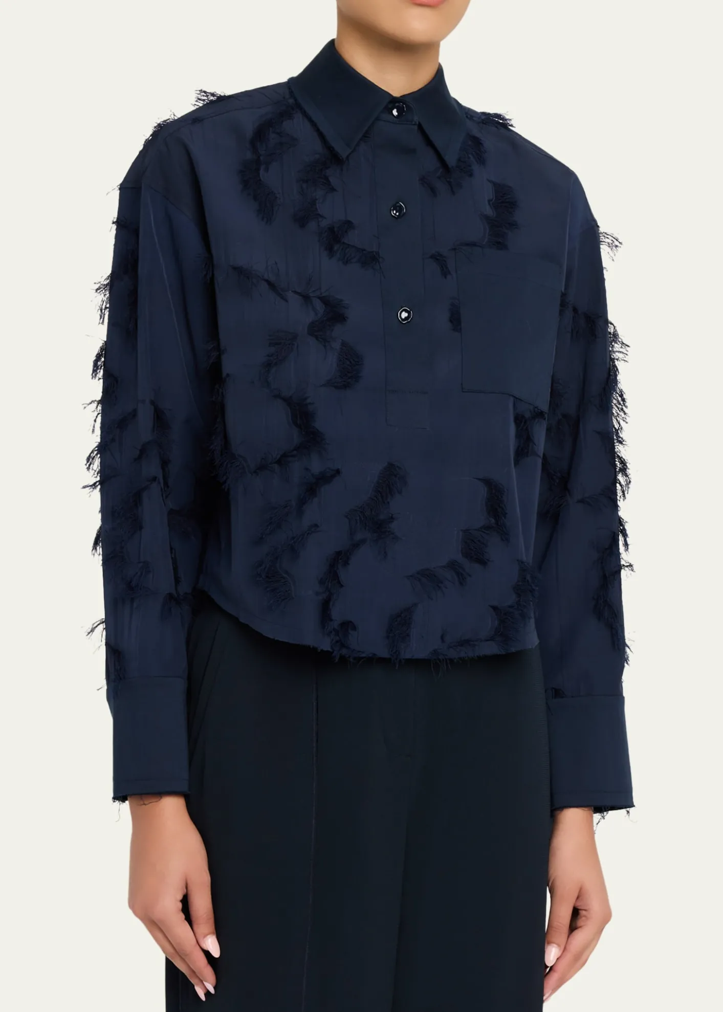 Jason Wu CollectionLong Sleeve Fringe Fil Coupe Collared Shirt