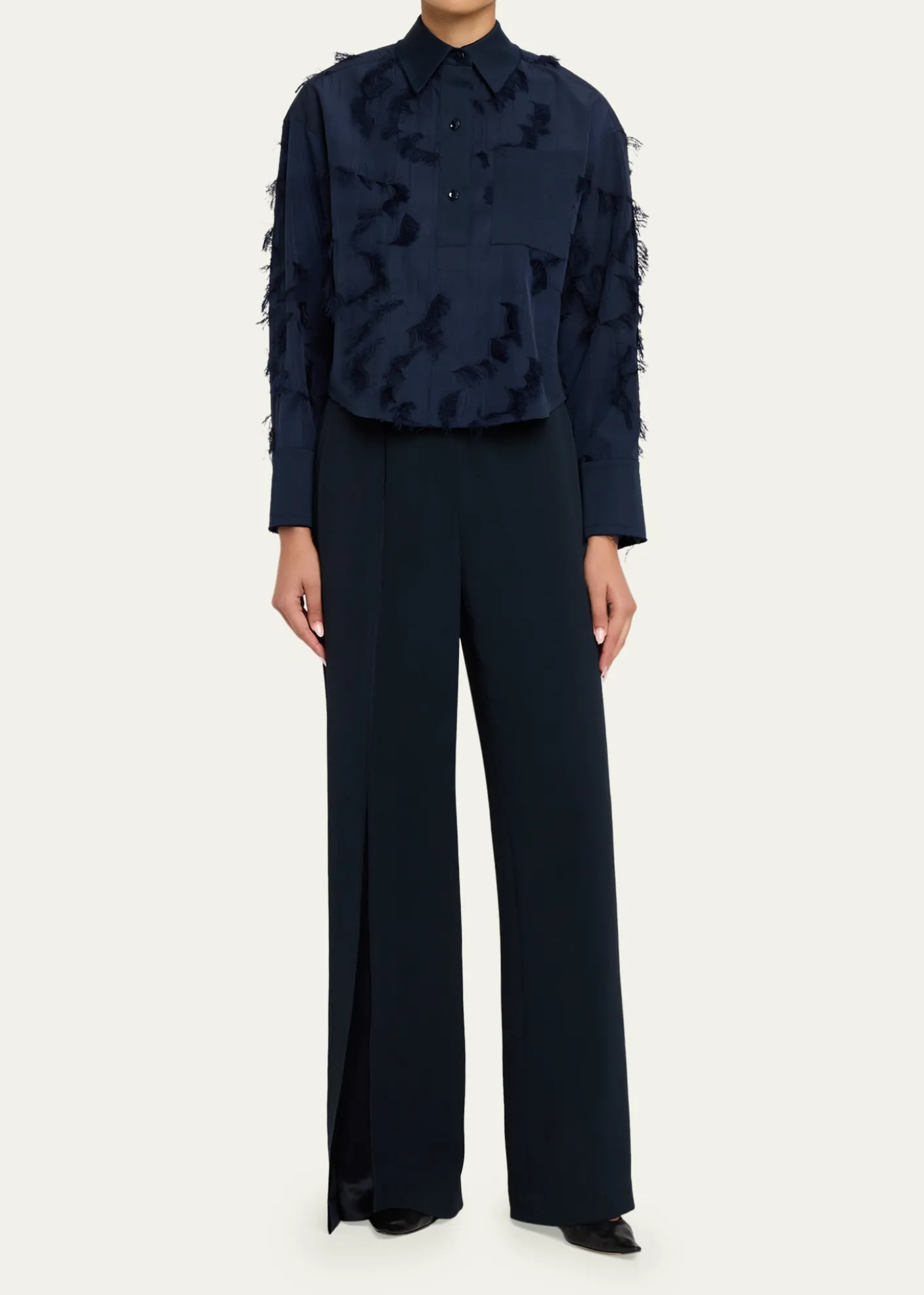 Jason Wu CollectionLong Sleeve Fringe Fil Coupe Collared Shirt