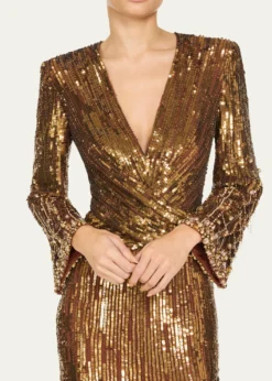 Jenny PackhamCosmos Long-Sleeve V-Neck Sequin Gown