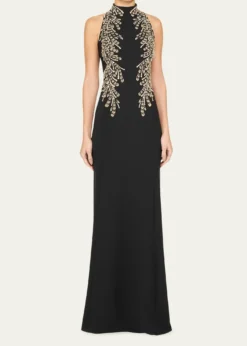Jenny PackhamElu Beaded Crepe Halter Gown