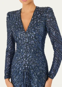Jenny PackhamEve Embellished Strong-Shoulder Long-Sleeve Gown
