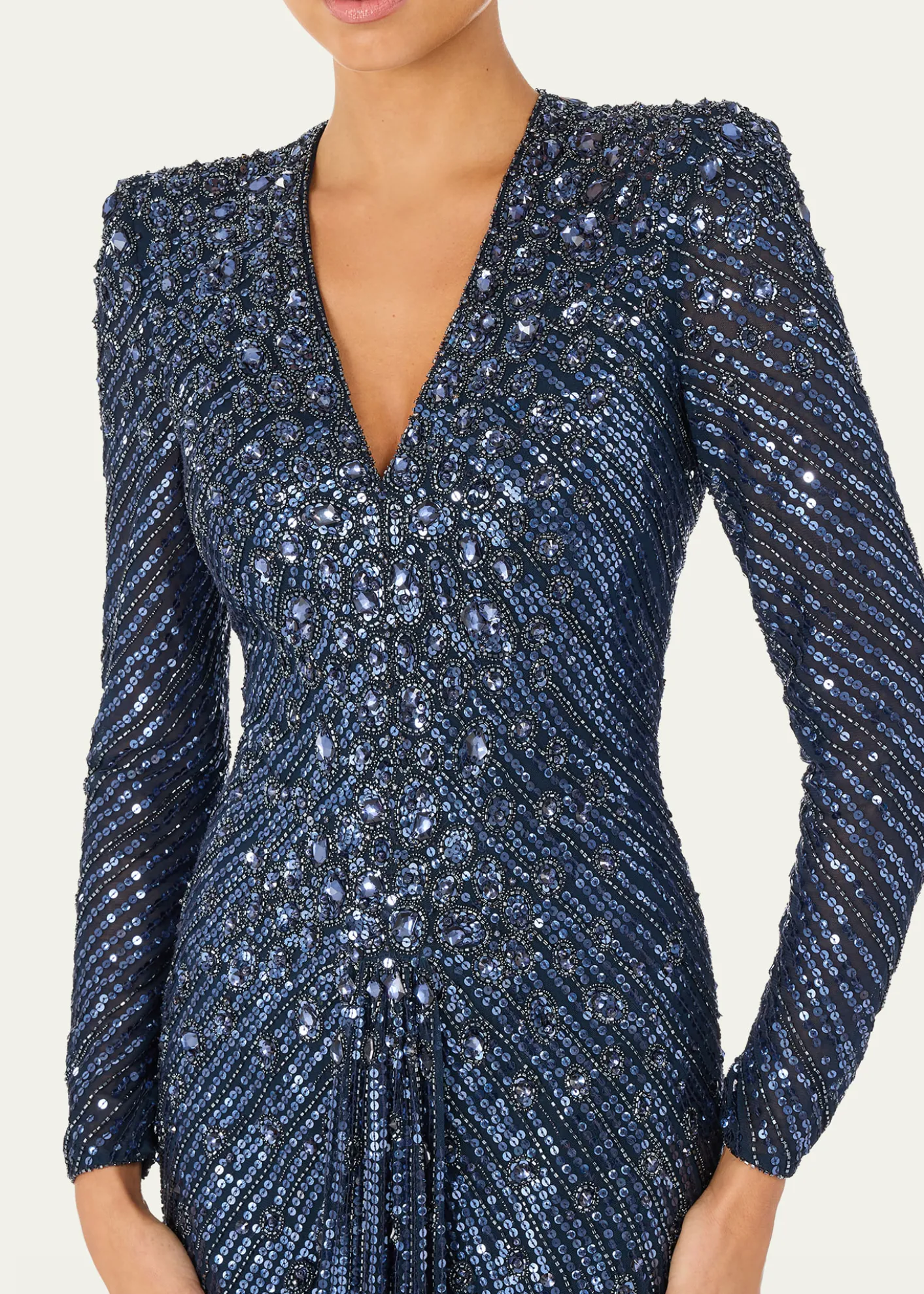 Jenny PackhamEve Embellished Strong-Shoulder Long-Sleeve Gown
