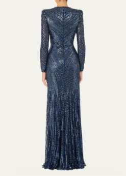 Jenny PackhamEve Embellished Strong-Shoulder Long-Sleeve Gown