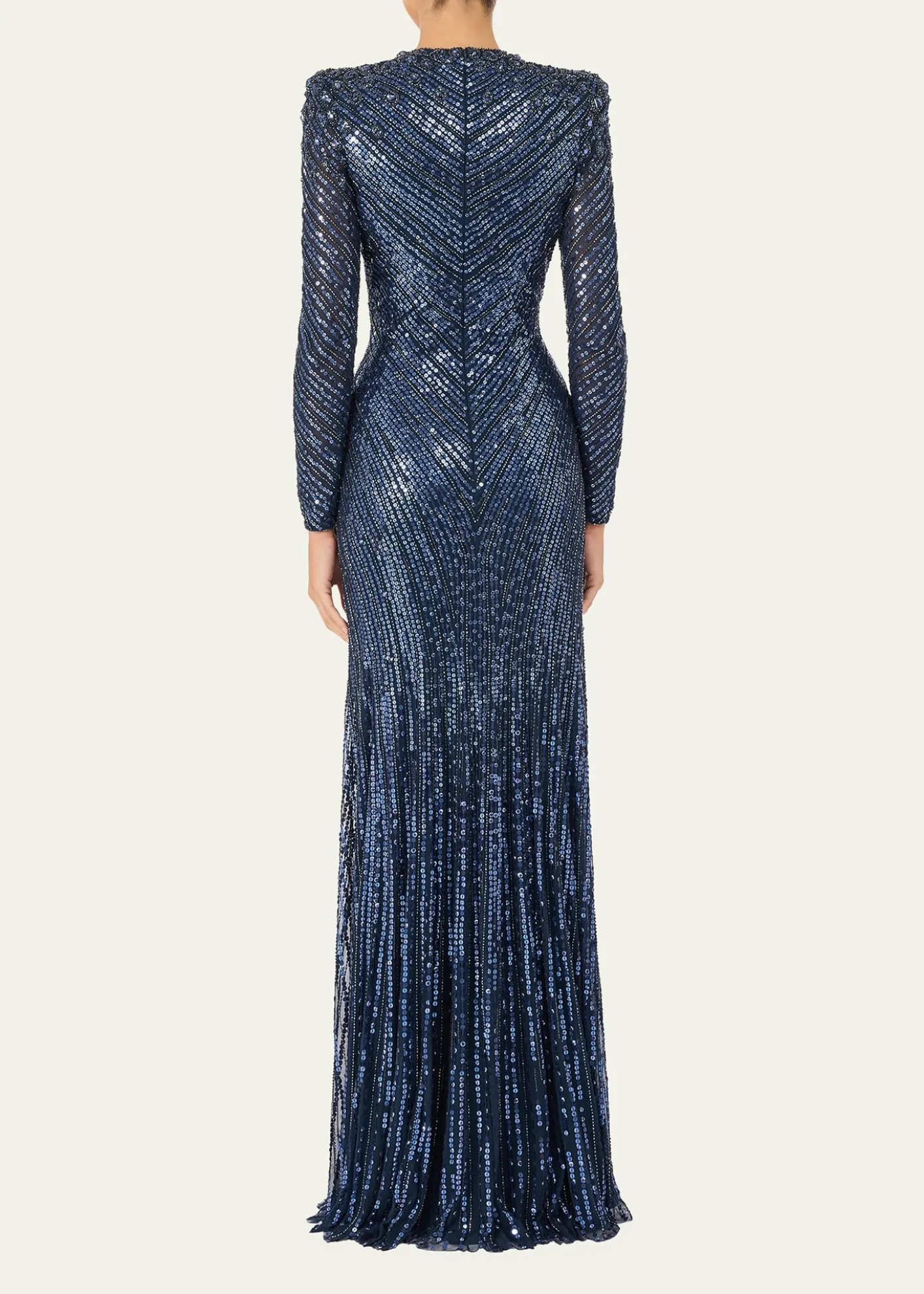 Jenny PackhamEve Embellished Strong-Shoulder Long-Sleeve Gown