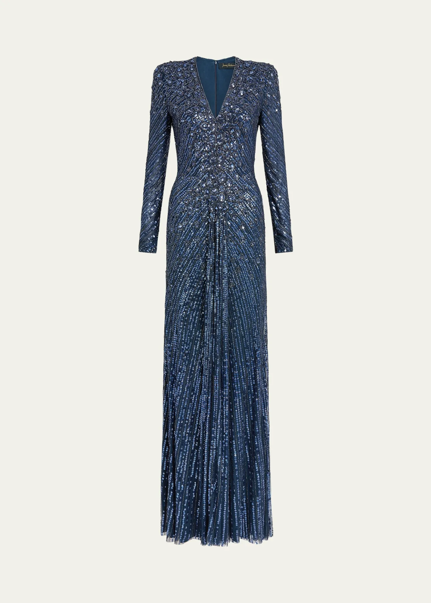Jenny PackhamEve Embellished Strong-Shoulder Long-Sleeve Gown