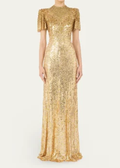 Jenny PackhamJourdain Sequined Short-Sleeve A-Line Gown