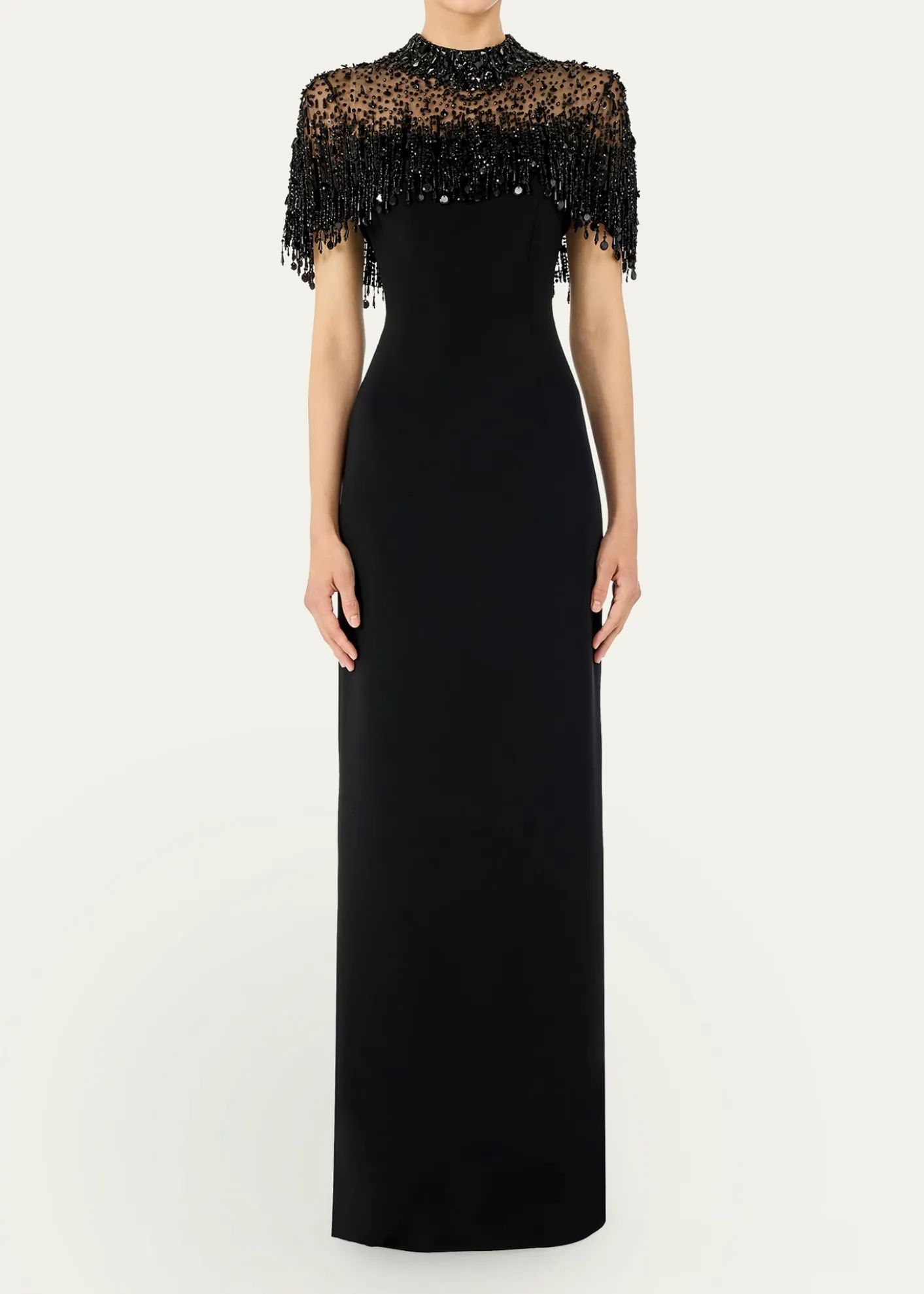 Jenny PackhamLivia Crystal Fringe Capelet Column Gown