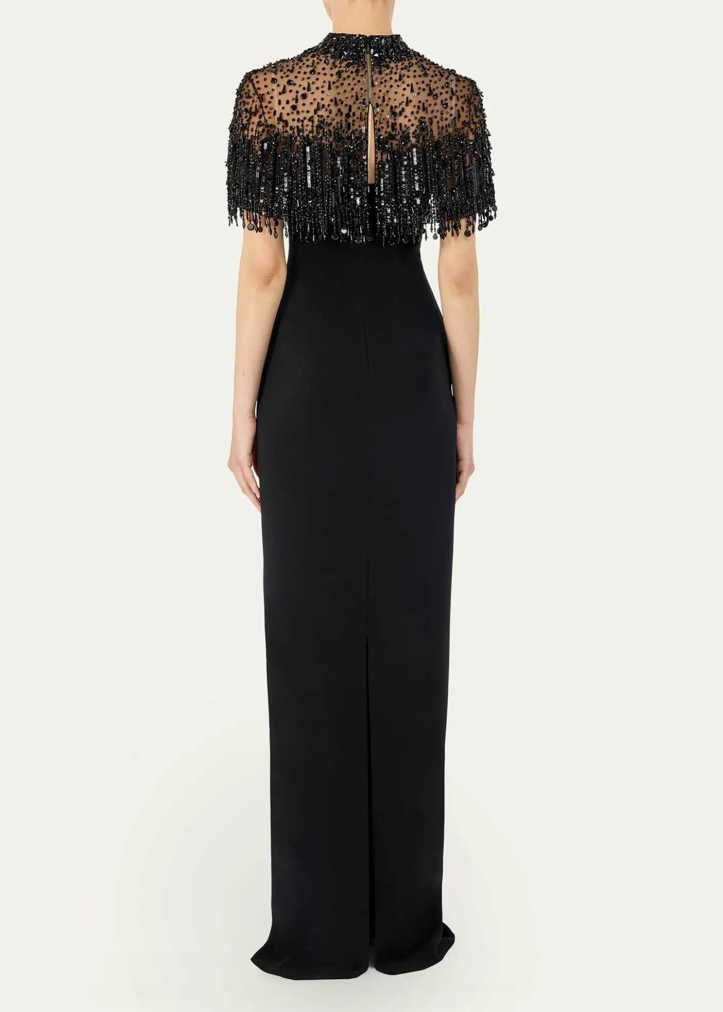 Jenny PackhamLivia Crystal Fringe Capelet Column Gown