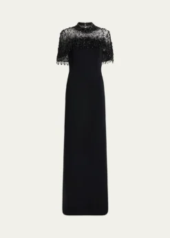 Jenny PackhamLivia Crystal Fringe Capelet Column Gown