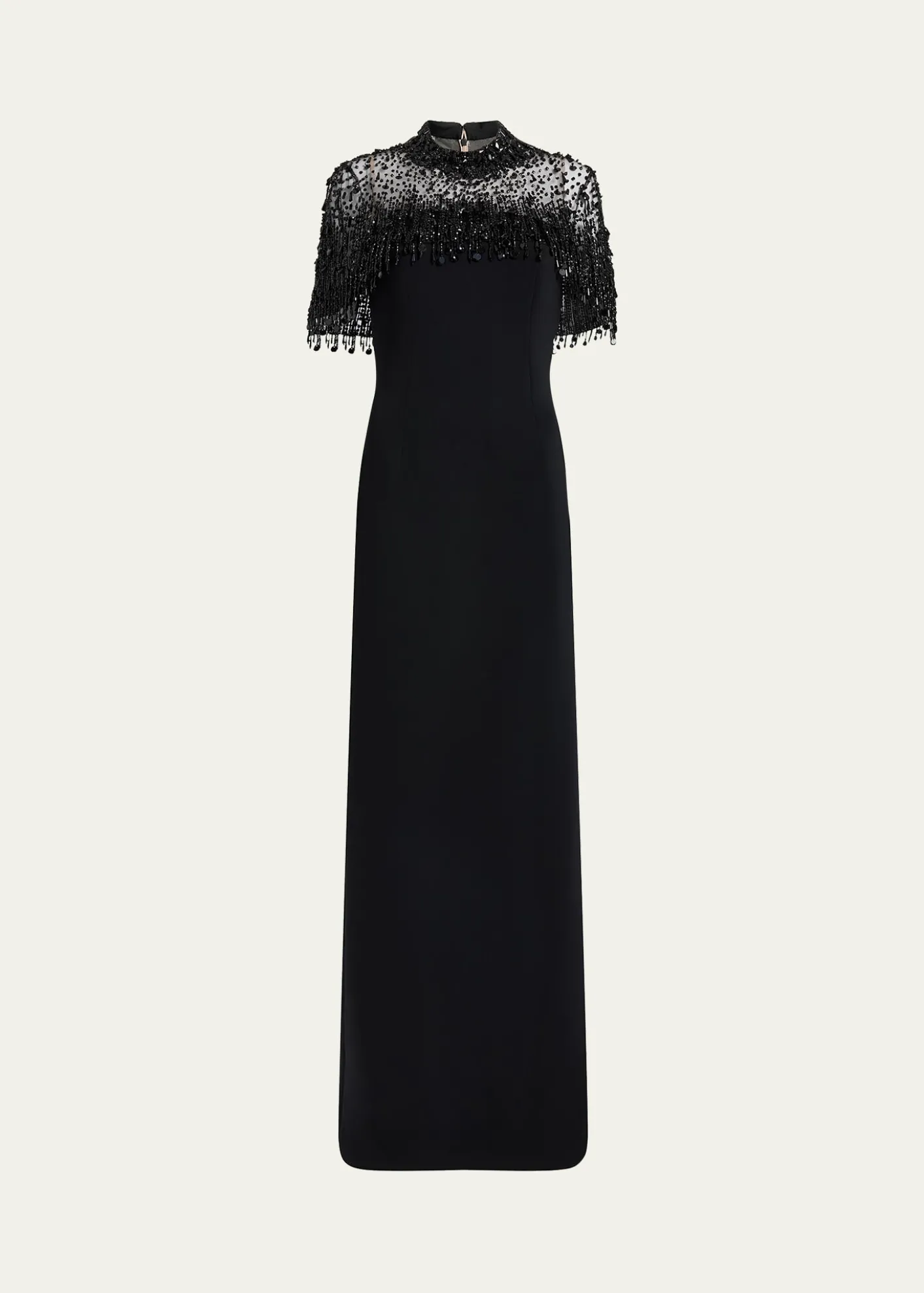 Jenny PackhamLivia Crystal Fringe Capelet Column Gown