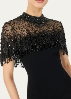 Jenny PackhamLivia Crystal Fringe Capelet Column Gown