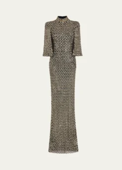 Jenny PackhamSedona 3/4-Sleeve Rhinestone Gown