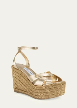 Jimmy Choo100mm Korra Metallic Leather Espadrille Platform Sandals