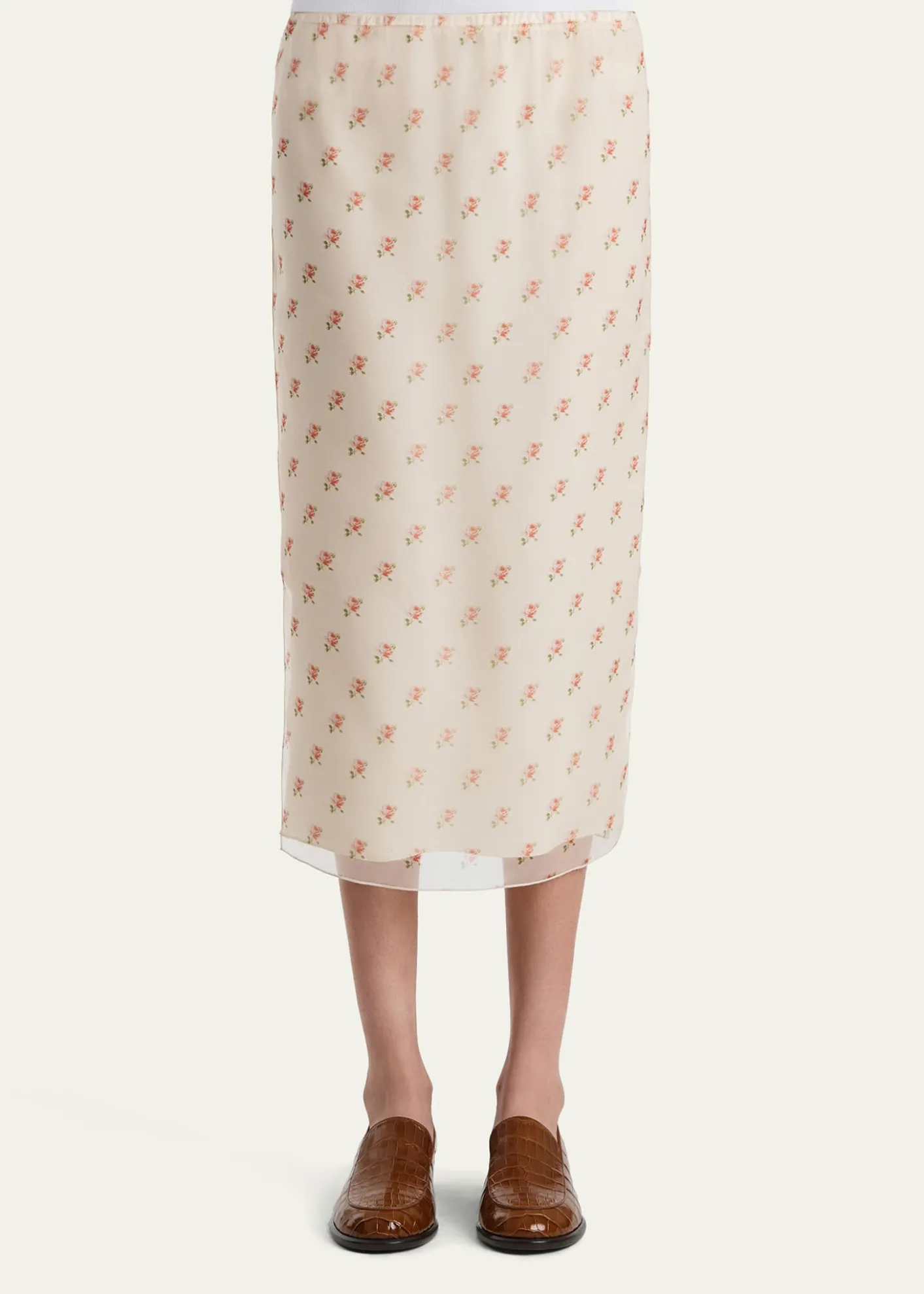 KhaiteSydni Rose-Print Silk Midi Skirt