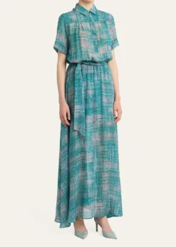 KitonCheck Silk Georgette Short-Sleeve Maxi Shirtdress