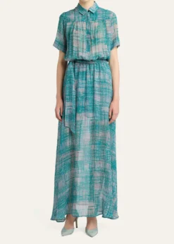 KitonCheck Silk Georgette Short-Sleeve Maxi Shirtdress