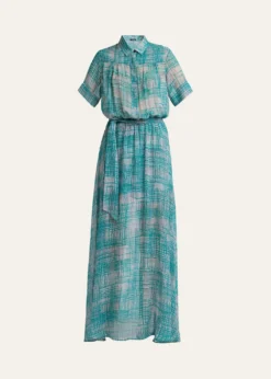 KitonCheck Silk Georgette Short-Sleeve Maxi Shirtdress