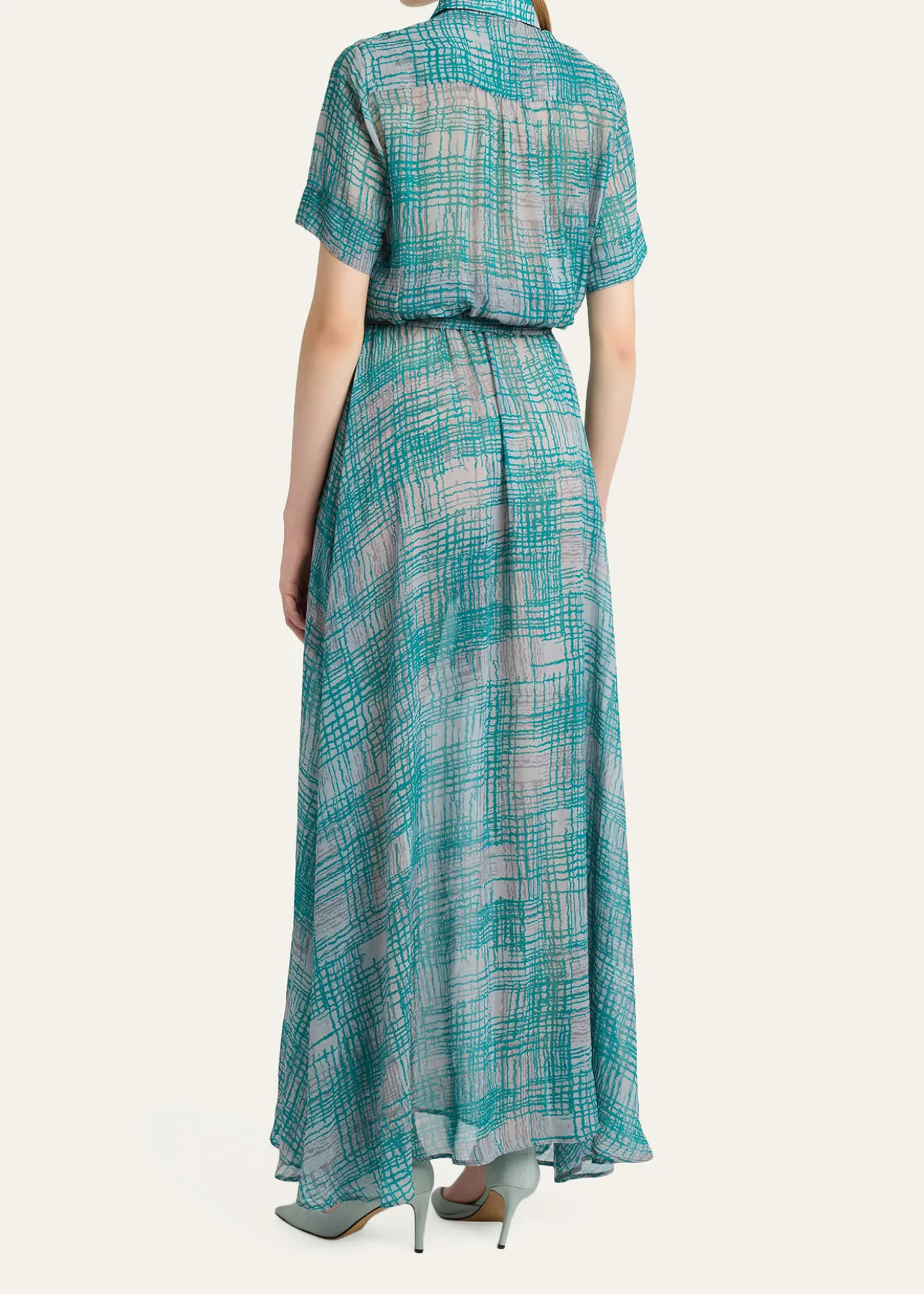 KitonCheck Silk Georgette Short-Sleeve Maxi Shirtdress