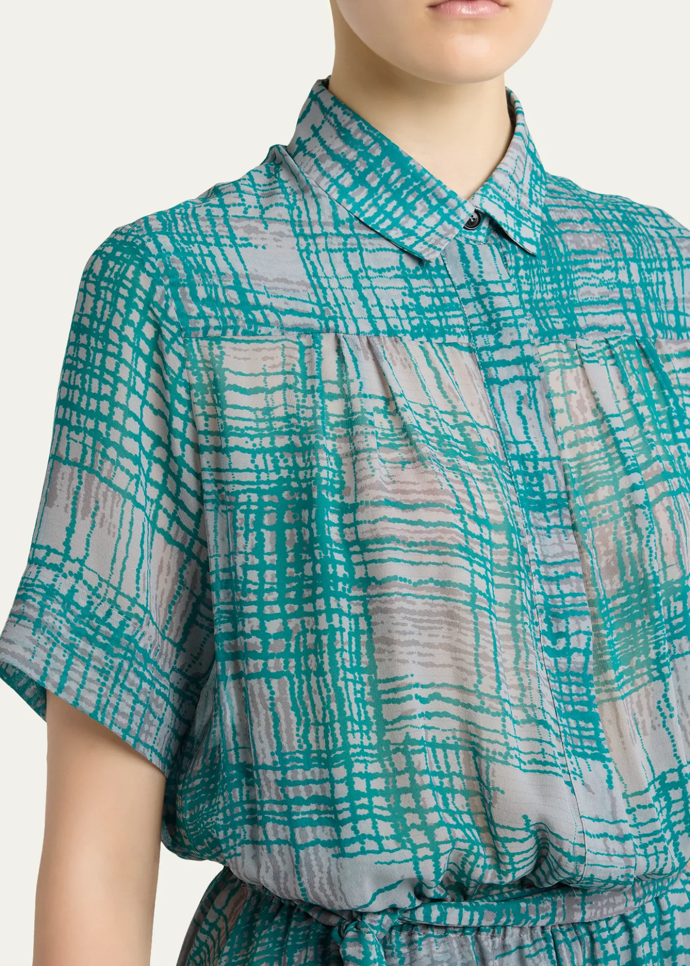 KitonCheck Silk Georgette Short-Sleeve Maxi Shirtdress