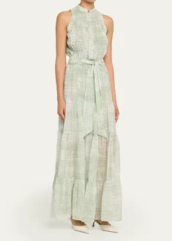 KitonCheck Silk Tie-Waist Tiered Maxi Dress