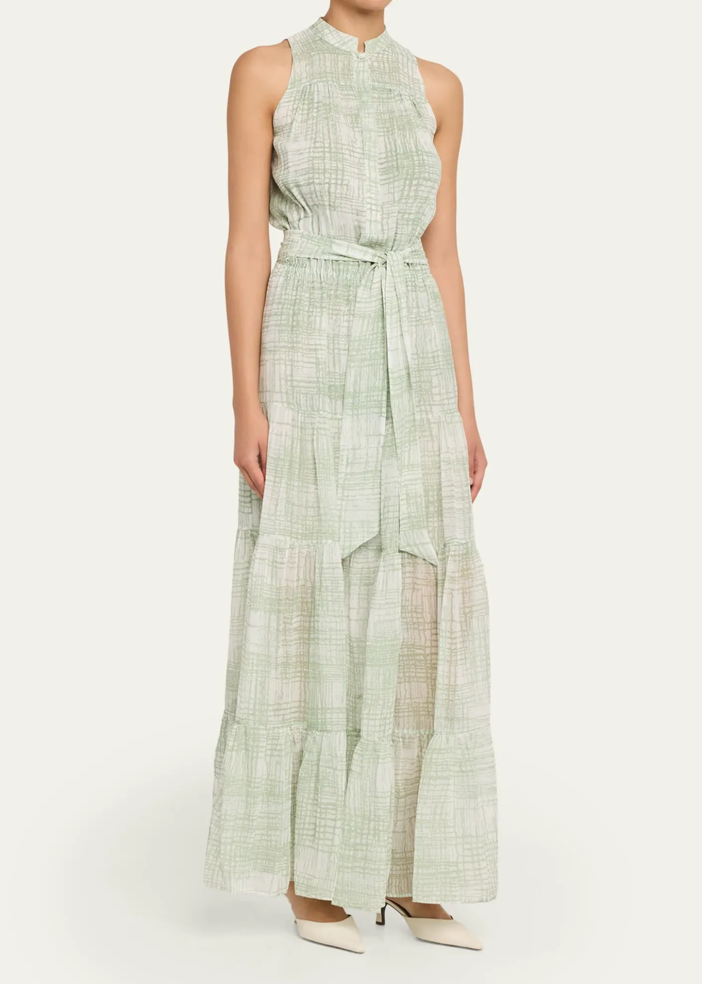 KitonCheck Silk Tie-Waist Tiered Maxi Dress