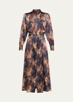 KitonLong-Sleeve Abstract-Print Silk Drawstring Maxi Shirtdress